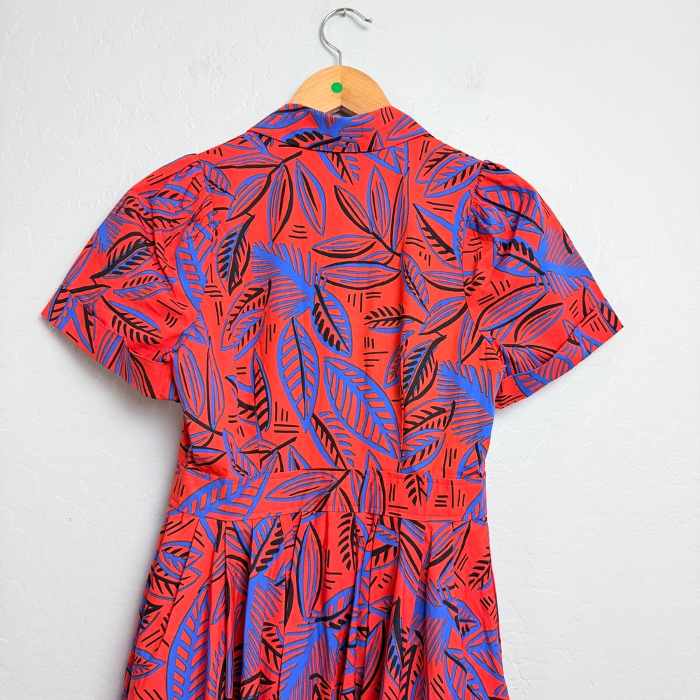NEW Alexis For TargetRed Blue Tropical Leaf Print Button Front Midi Dress XS - Picture 4 of 10